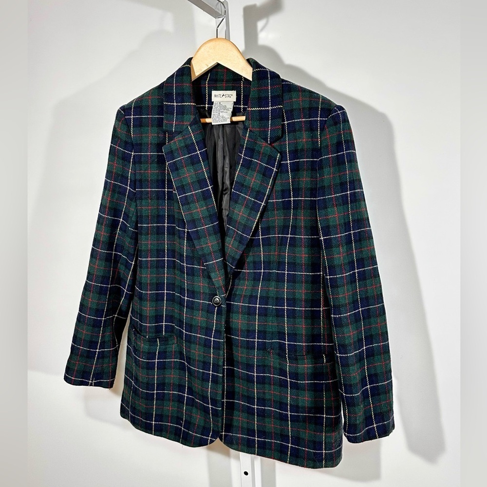 White Stag Wool Blend Tartan Blazer Size 10 — Green Plaid Preppy 90s academia